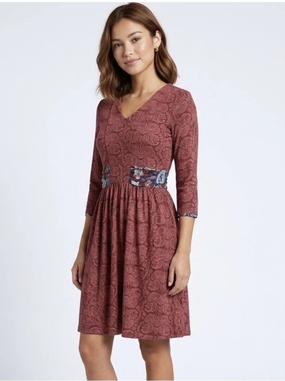 Matilda Jane Rosewood Paisley V‑Neck Three-Quarter Sleeve Dress